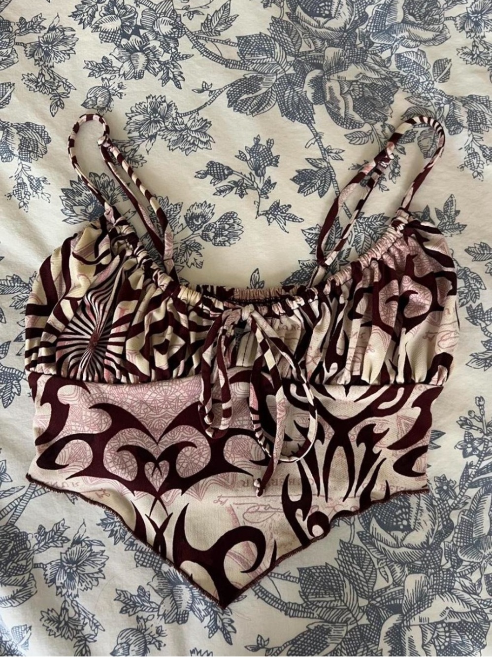 Urban Outfitters Cream and Plum Tie-Front Crop Top